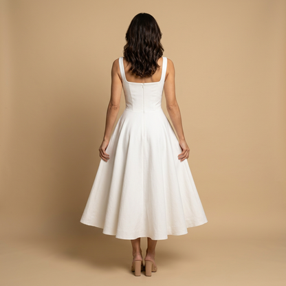 Vestido Midi Mujer de Lino Corset Escote Cuadrado Falda de Vuelo