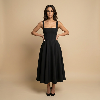 Vestido Midi Mujer de Lino Corset Escote Cuadrado Falda de Vuelo