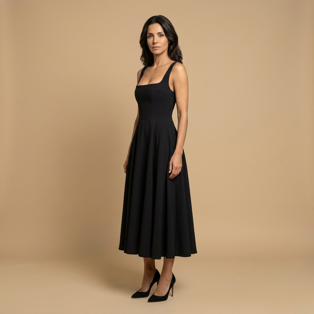Vestido Midi Mujer de Lino Corset Escote Cuadrado Falda de Vuelo