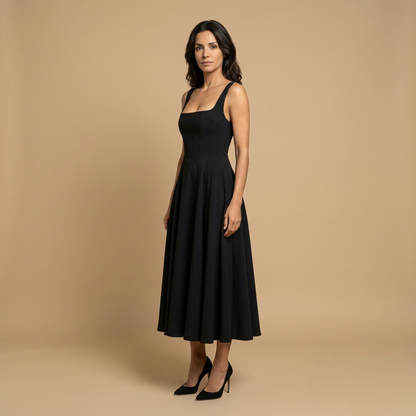 Vestido Midi Mujer de Lino Corset Escote Cuadrado Falda de Vuelo
