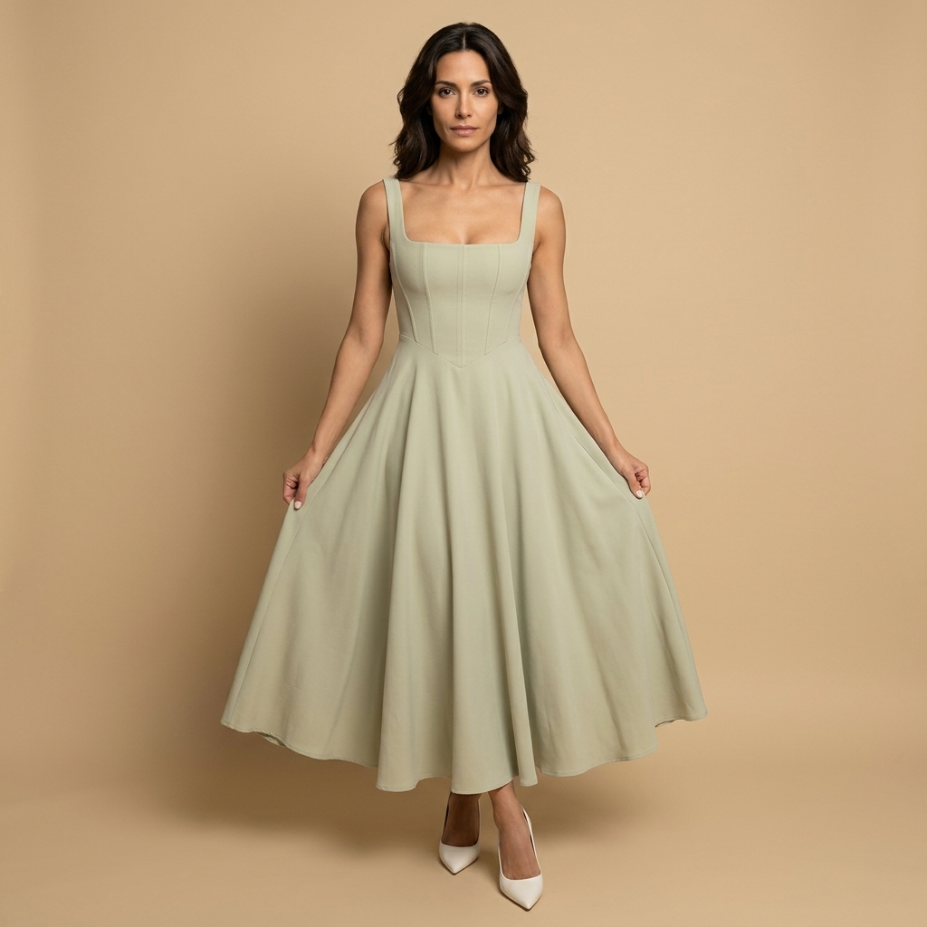 Vestido Midi Mujer de Lino Corset Escote Cuadrado Falda de Vuelo