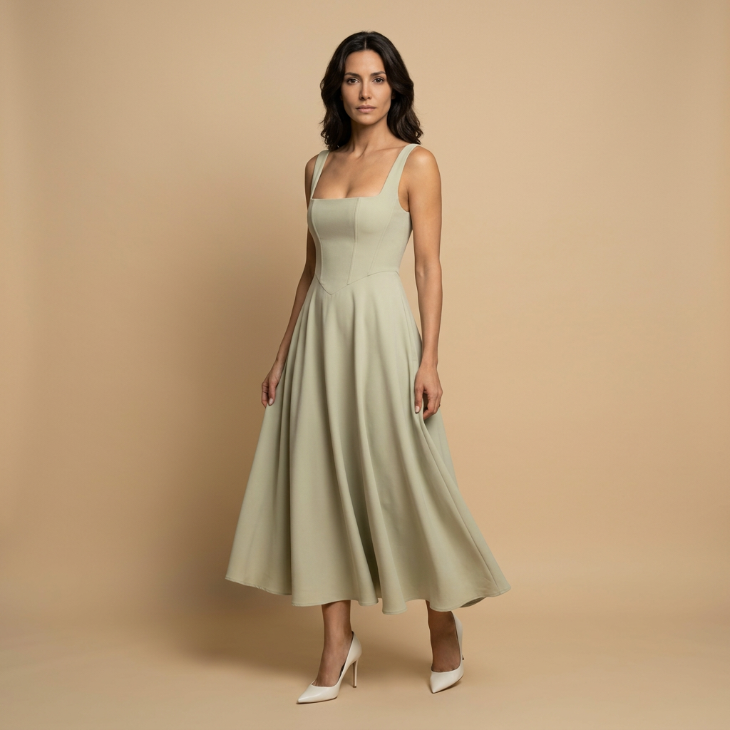 Vestido Midi Mujer de Lino Corset Escote Cuadrado Falda de Vuelo