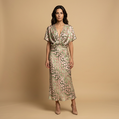 Vestido Midi Mujer Satén Estampado Nudo Frontal - Mavetta
