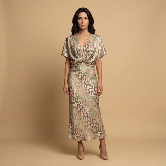 Vestido Midi Mujer Satén Estampado Nudo Frontal - Mavetta