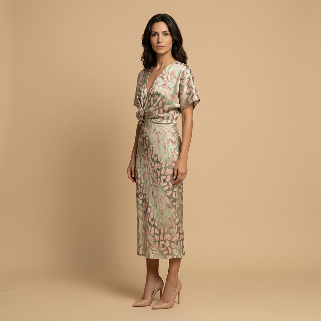Vestido Midi Mujer Satén Estampado Nudo Frontal