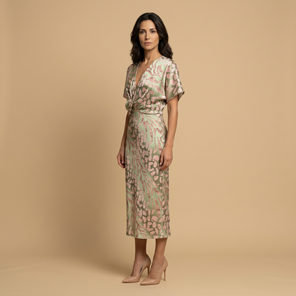 Vestido Midi Mujer Satén Estampado Nudo Frontal