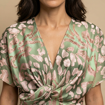 Vestido Midi Mujer Satén Estampado Nudo Frontal