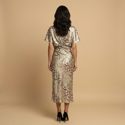 Vestido Midi Mujer Satén Estampado Nudo Frontal