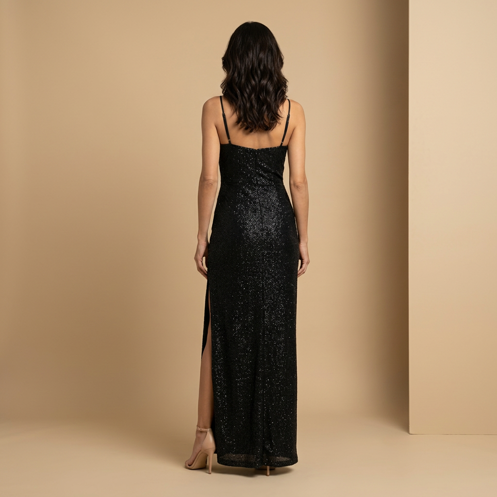 Vestido Largo Mujer de Corset y Glitter con Tirantes Finos y Abertura