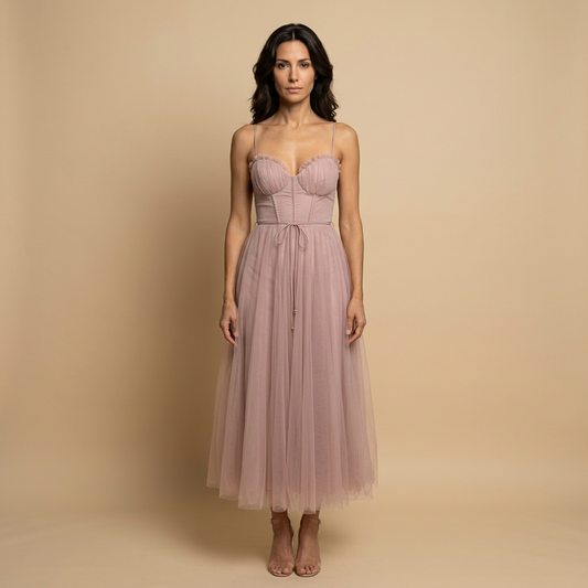 Vestido Midi Mujer de Tul con Corset Tirantes Finos Escote Corazón - Mavetta