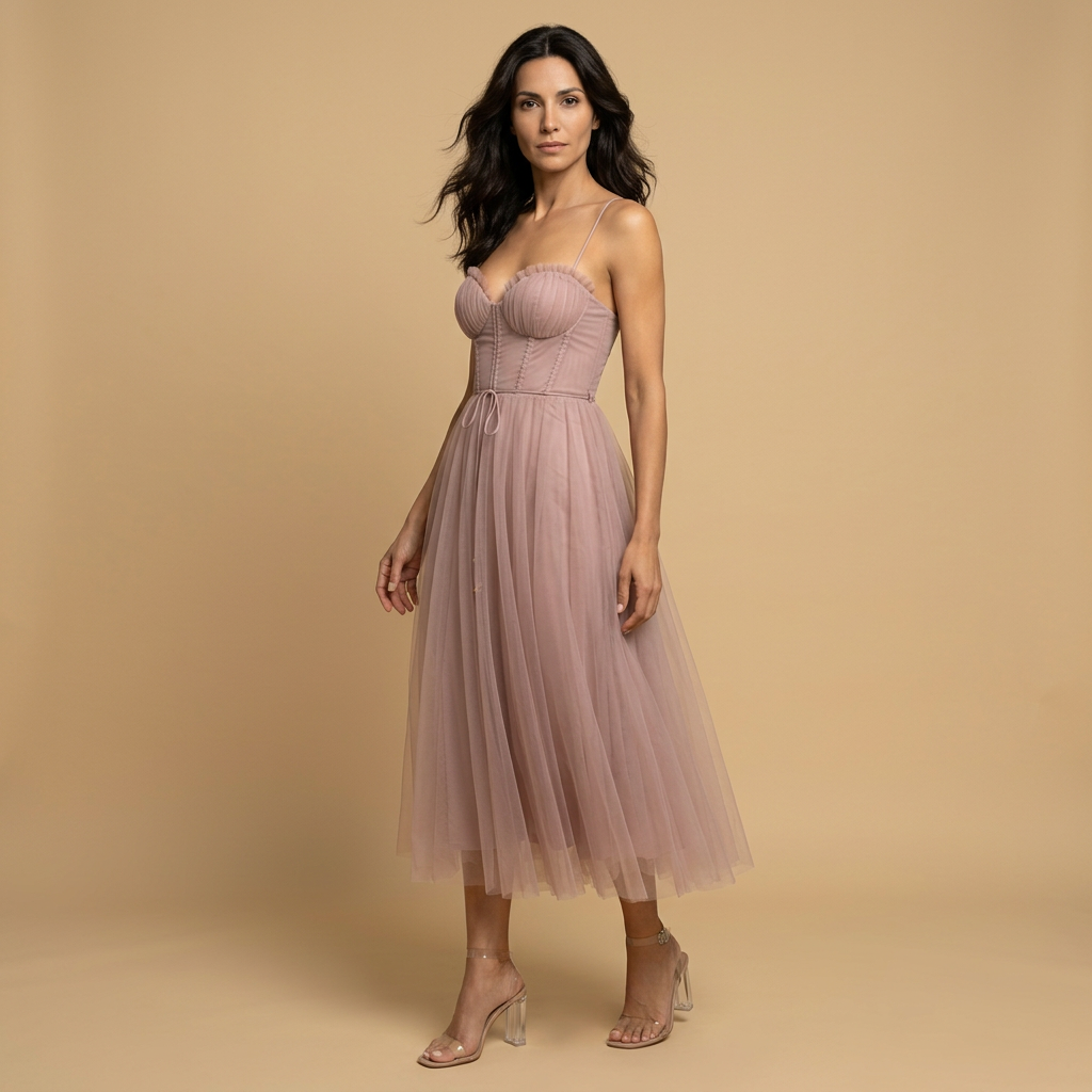 Vestido Midi Mujer de Tul con Corset Tirantes Finos Escote Corazón