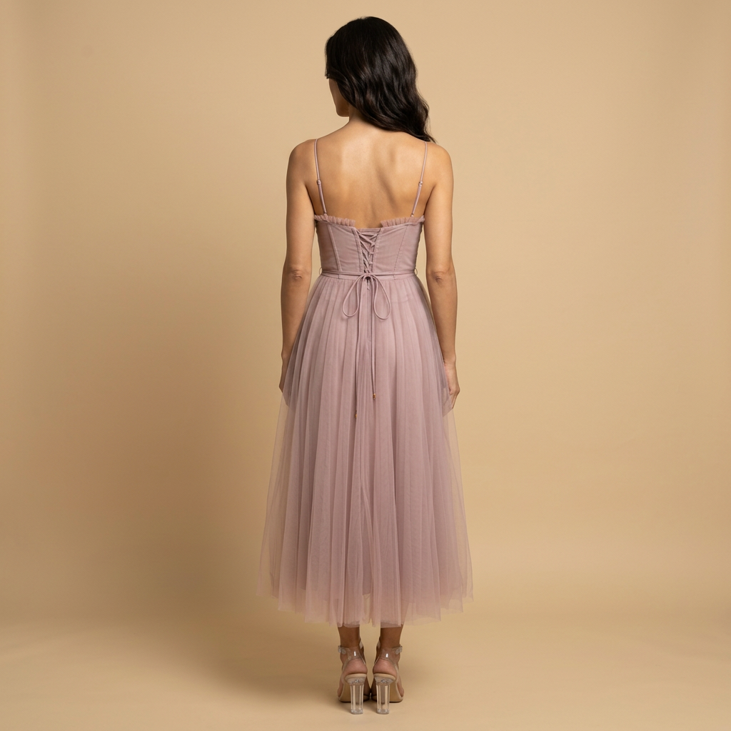 Vestido Midi Mujer de Tul con Corset Tirantes Finos Escote Corazón