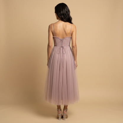 Vestido Midi Mujer de Tul con Corset Tirantes Finos Escote Corazón