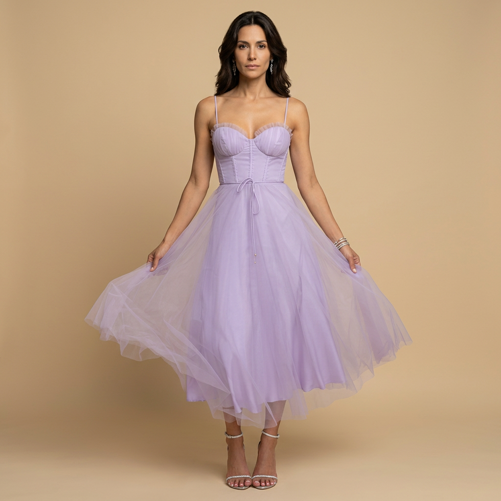 Vestido Midi Mujer de Tul con Corset Tirantes Finos Escote Corazón