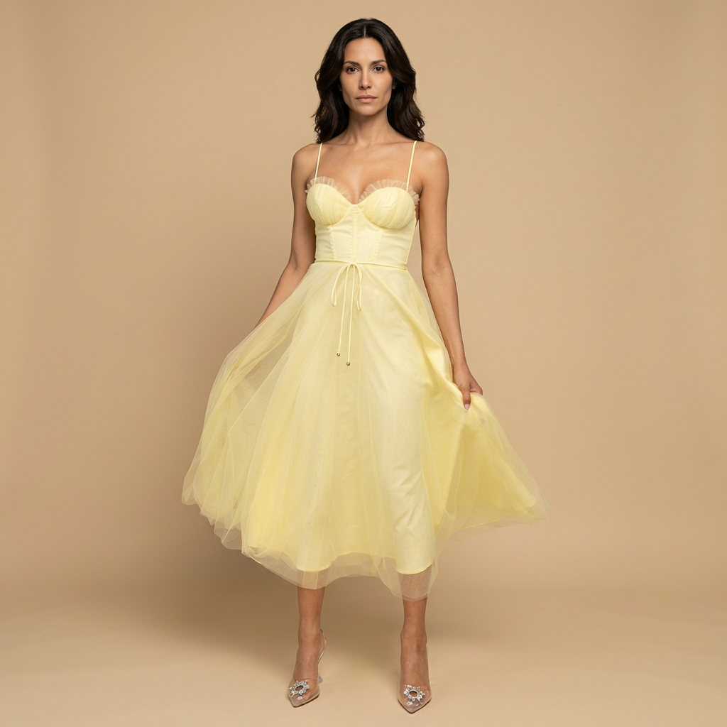Vestido Midi Mujer de Tul con Corset Tirantes Finos Escote Corazón