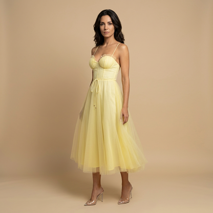 Vestido Midi Mujer de Tul con Corset Tirantes Finos Escote Corazón