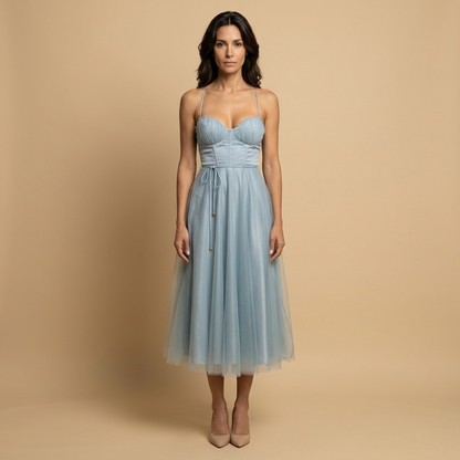 Vestido Midi Mujer de Tul con Corset Tirantes Finos Escote Corazón