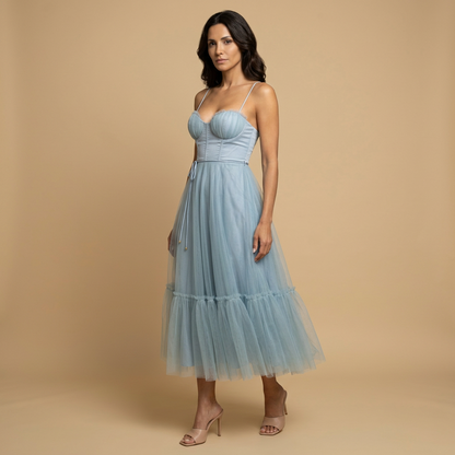 Vestido Midi Mujer de Tul con Corset Tirantes Finos Escote Corazón
