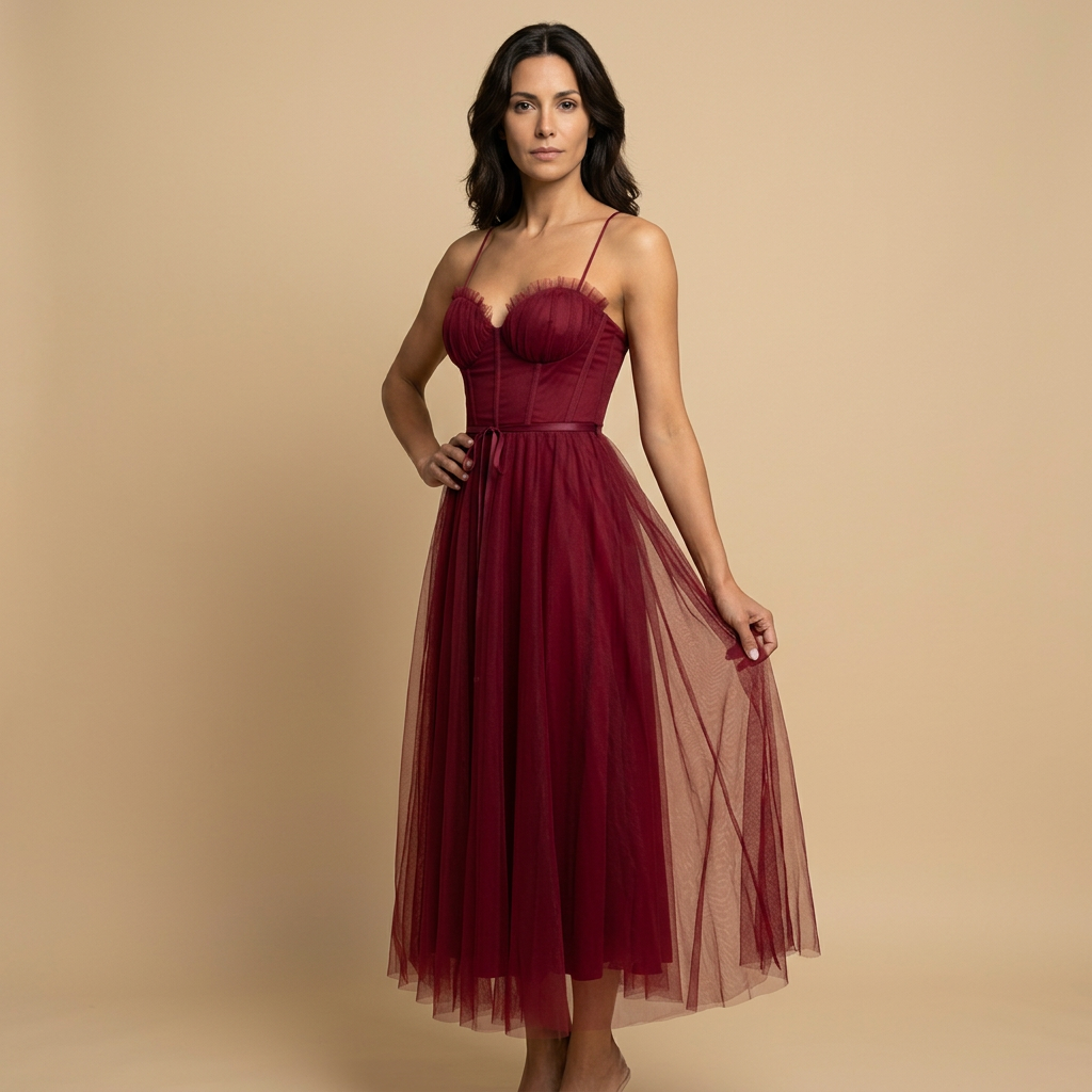 Vestido Midi Mujer de Tul con Corset Tirantes Finos Escote Corazón