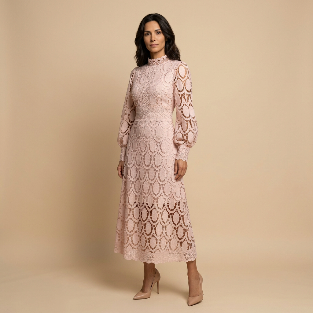 Vestido Midi Mujer de Encaje Guipur Cuello Alto Manga Globo - Mavetta