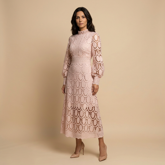 Vestido Midi Mujer de Encaje Guipur Cuello Alto Manga Globo - Mavetta