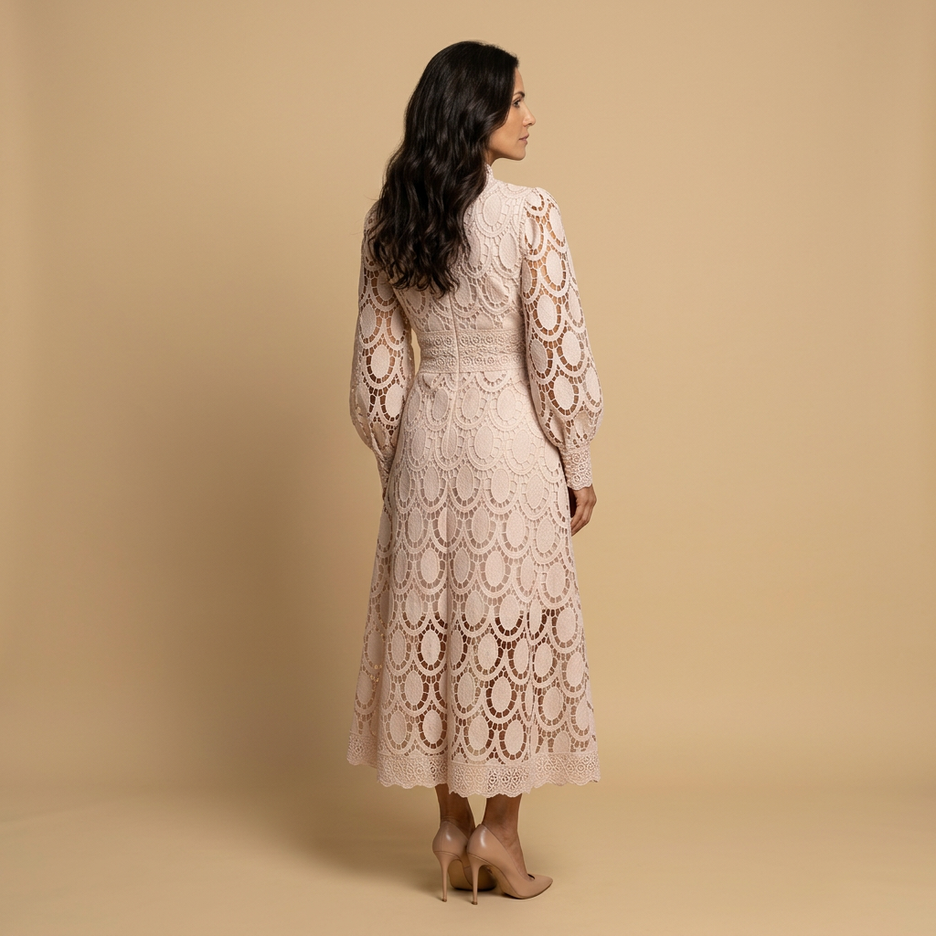 Vestido Midi Mujer de Encaje Guipur Cuello Alto Manga Globo