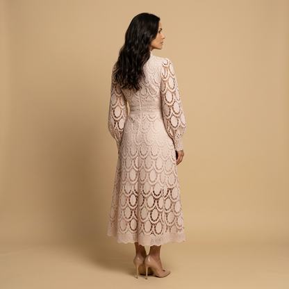 Vestido Midi Mujer de Encaje Guipur Cuello Alto Manga Globo