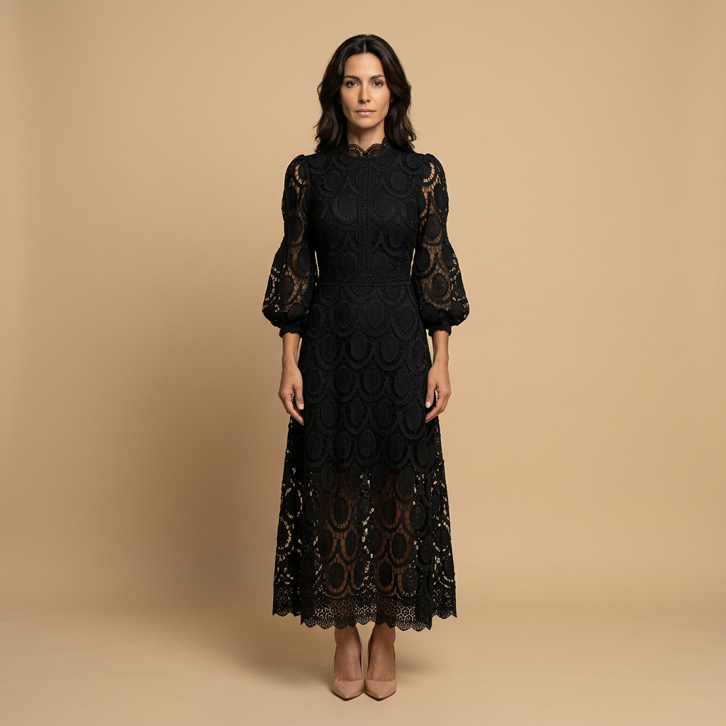 Vestido Midi Mujer de Encaje Guipur Cuello Alto Manga Globo