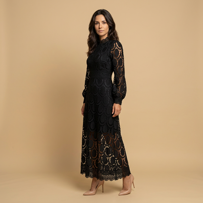 Vestido Midi Mujer de Encaje Guipur Cuello Alto Manga Globo