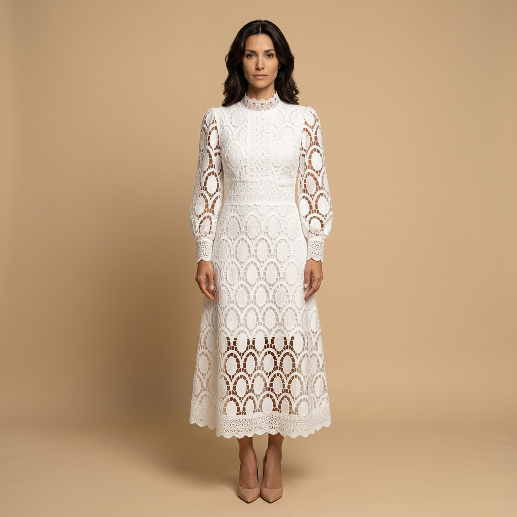 Vestido Midi Mujer de Encaje Guipur Cuello Alto Manga Globo