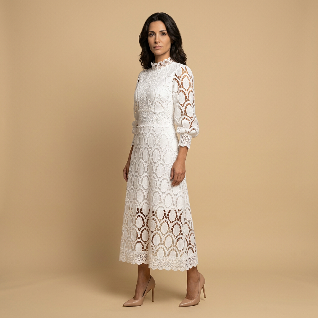 Vestido Midi Mujer de Encaje Guipur Cuello Alto Manga Globo