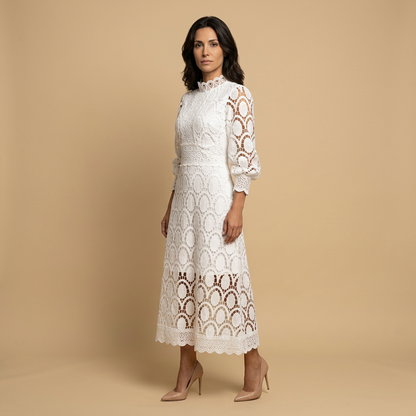 Vestido Midi Mujer de Encaje Guipur Cuello Alto Manga Globo