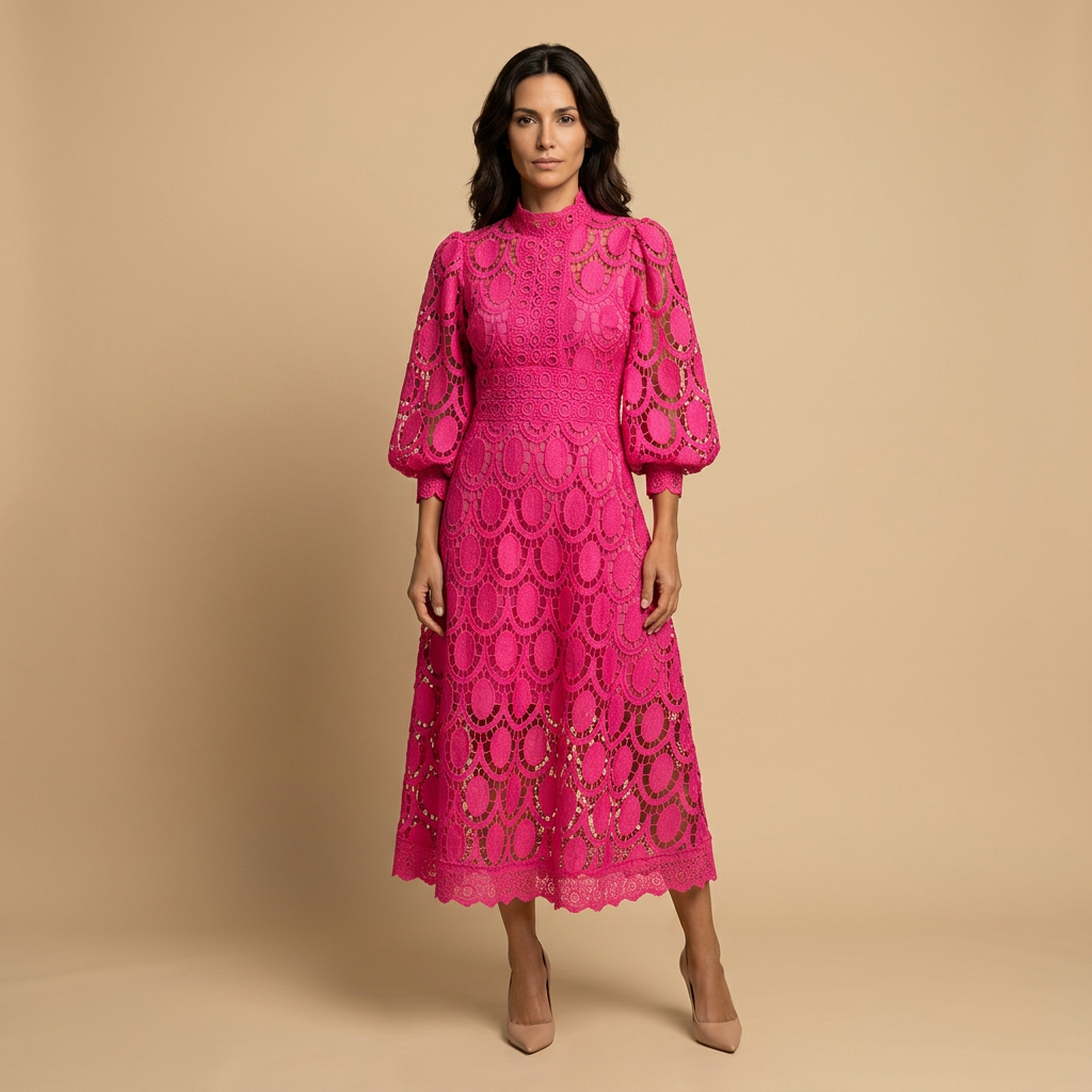 Vestido Midi Mujer de Encaje Guipur Cuello Alto Manga Globo