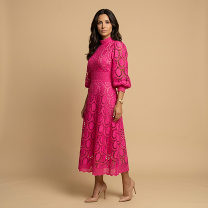 Vestido Midi Mujer de Encaje Guipur Cuello Alto Manga Globo