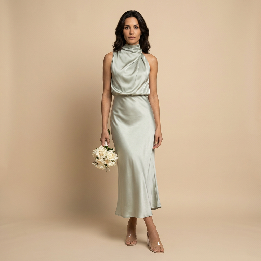 Vestido Midi Mujer Satén Drapeado Escote Halter