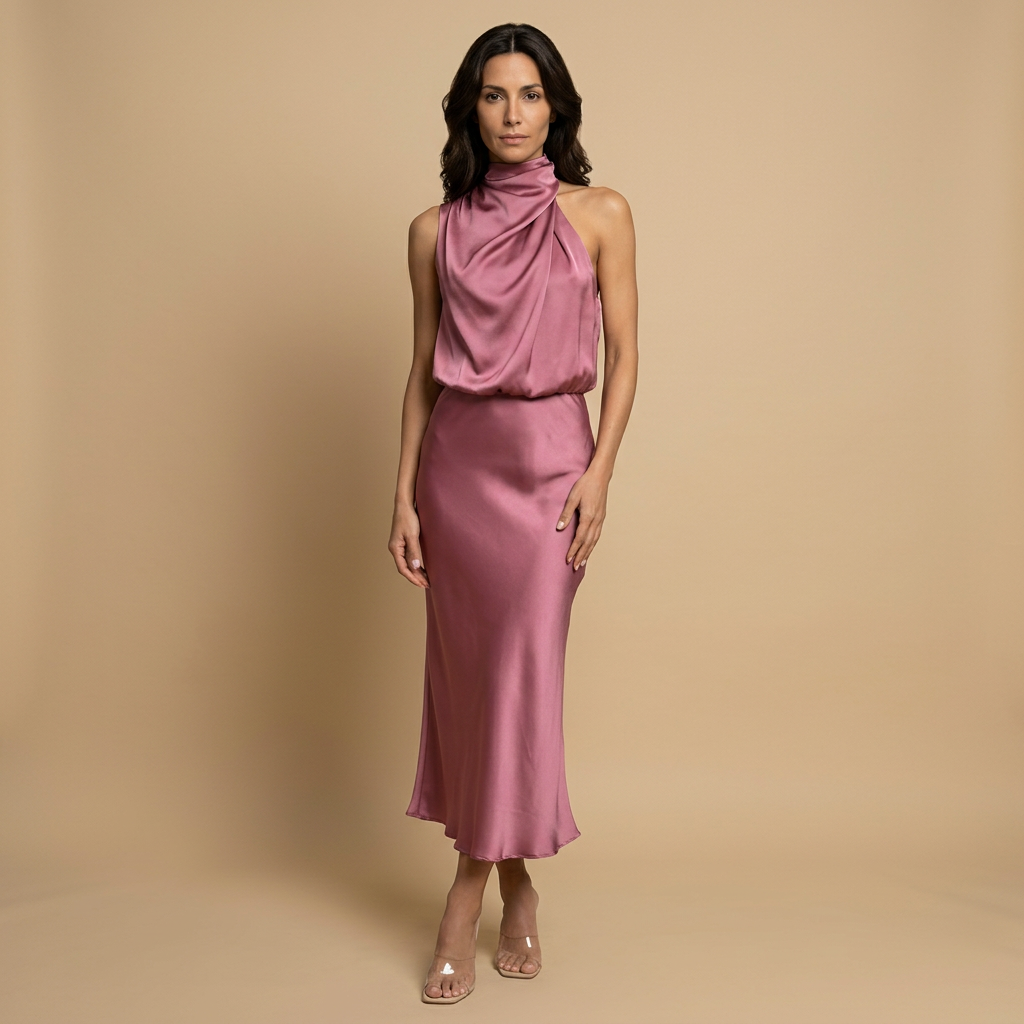 Vestido Midi Mujer Satén Drapeado Escote Halter