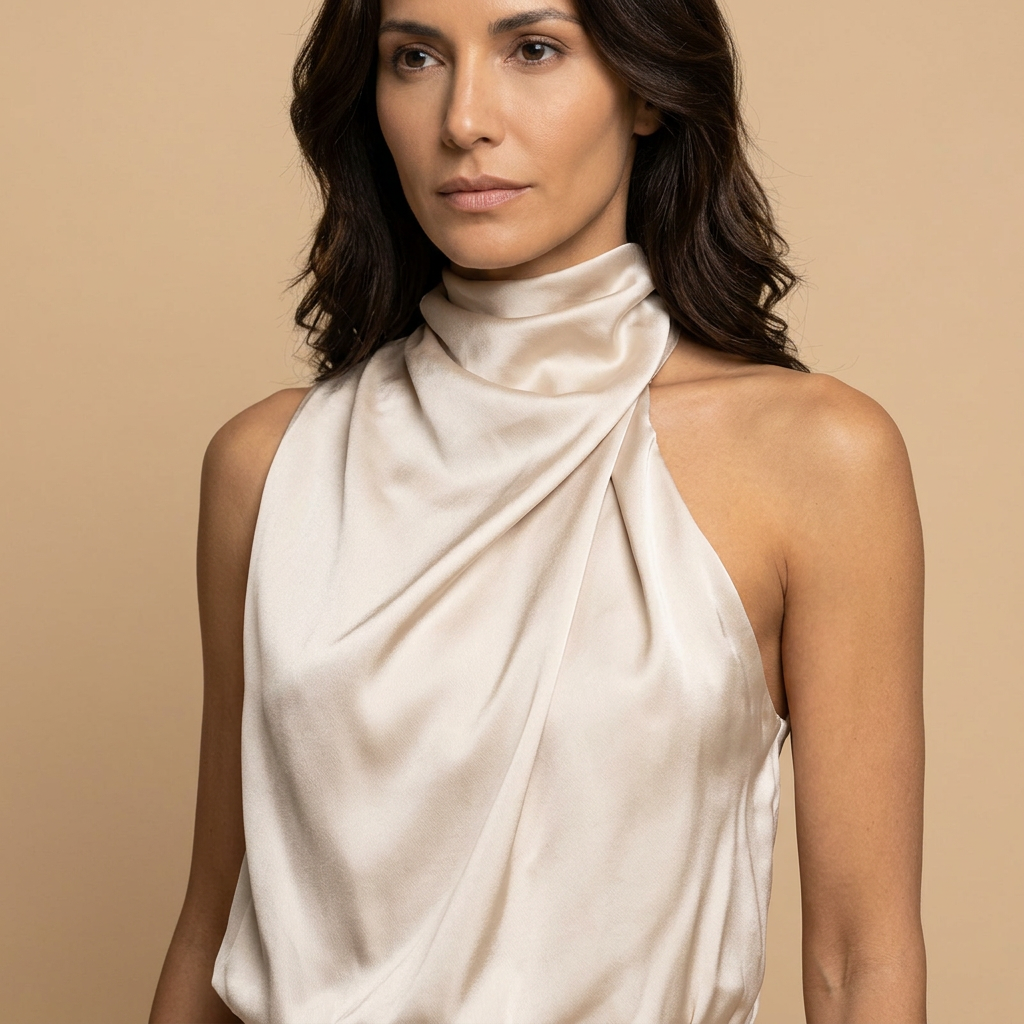 Vestido Midi Mujer Satén Drapeado Escote Halter