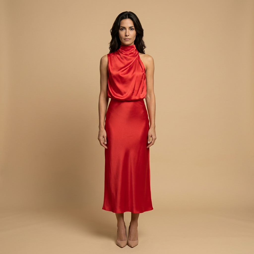 Vestido Midi Mujer Satén Drapeado Escote Halter