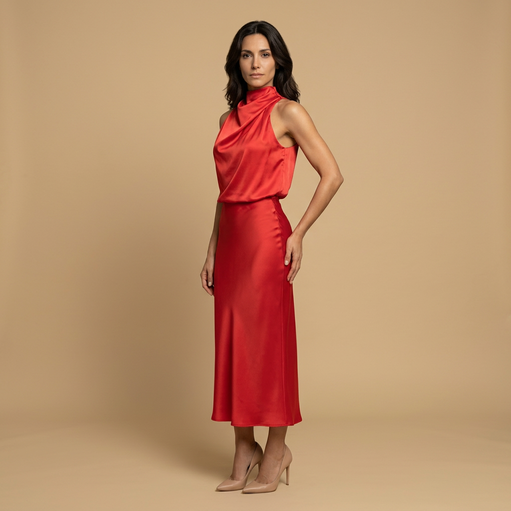Vestido Midi Mujer Satén Drapeado Escote Halter