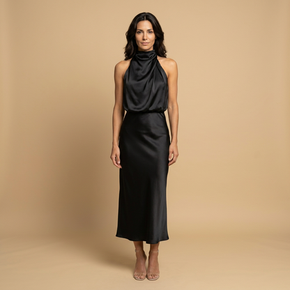 Vestido Midi Mujer Satén Drapeado Escote Halter