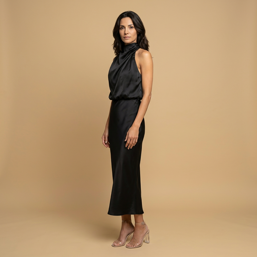Vestido Midi Mujer Satén Drapeado Escote Halter