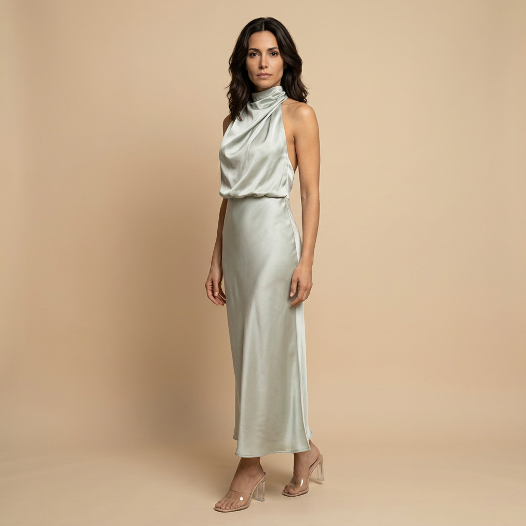 Vestido Midi Mujer Satén Drapeado Escote Halter