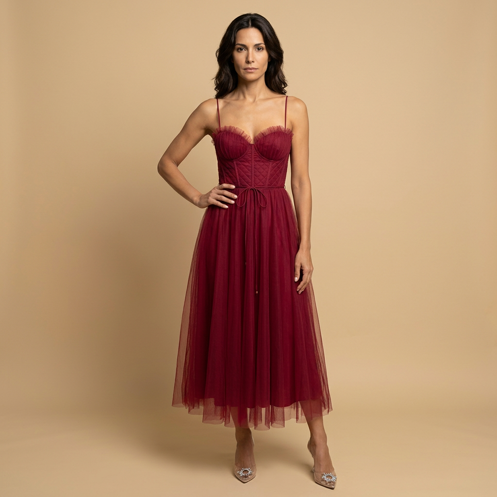 Vestido Midi Mujer de Tul con Corset Tirantes Finos Escote Corazón