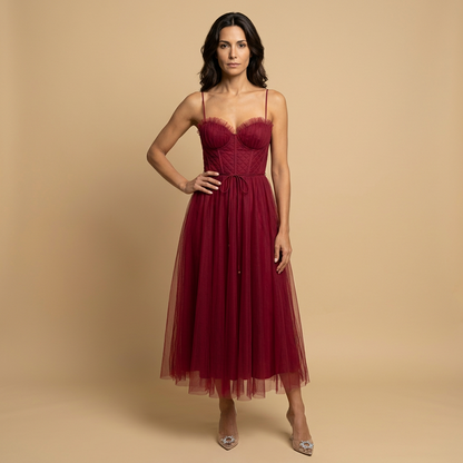 Vestido Midi Mujer de Tul con Corset Tirantes Finos Escote Corazón