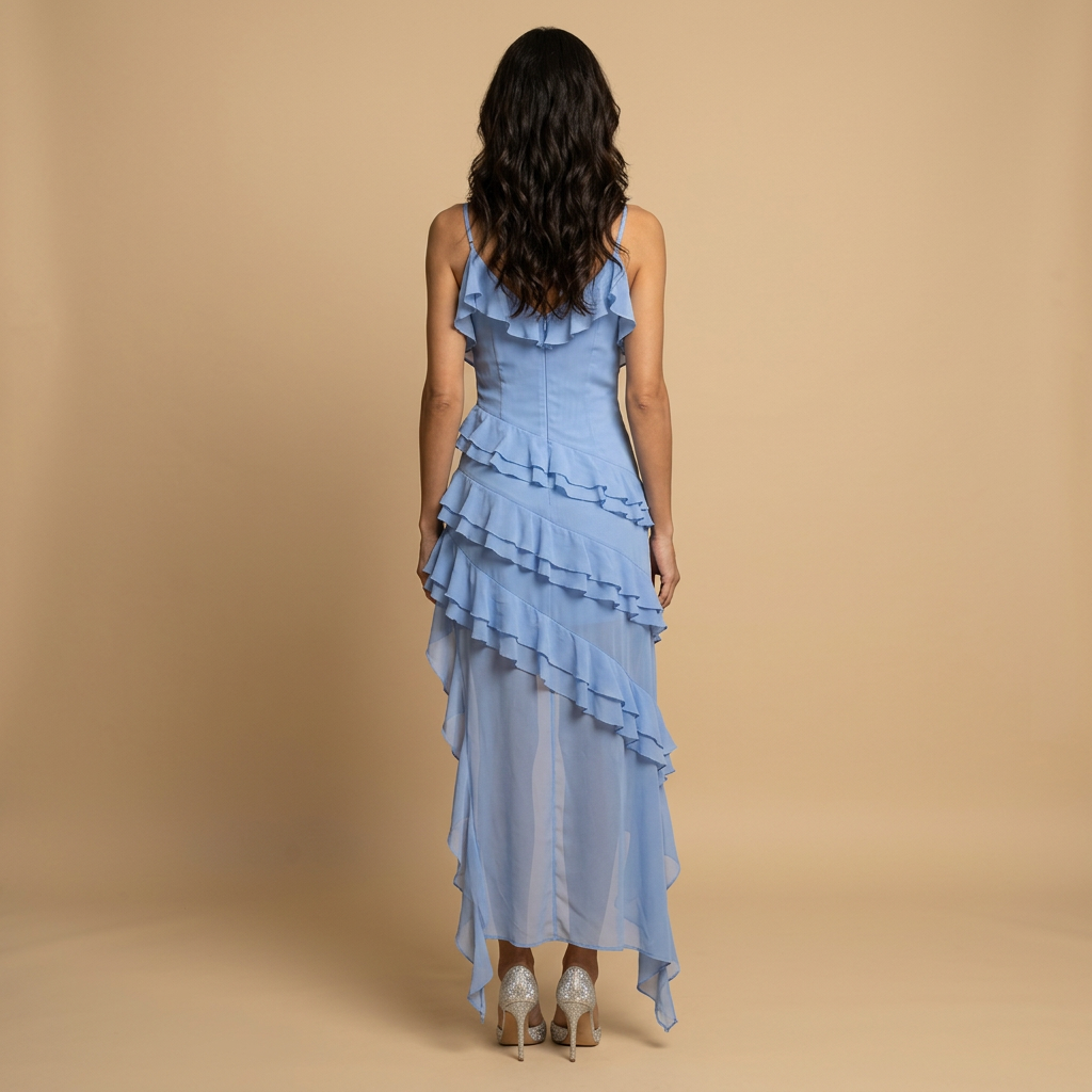 Vestido Largo Mujer Asimétrico Volantes Escote en V Tirantes Finos