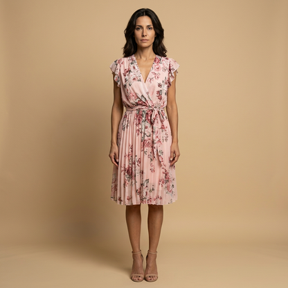 Vestido Midi Mujer Plisado Floral Cruzado Volantes Hombro - Mavetta