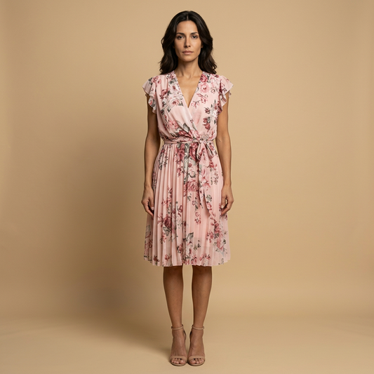 Vestido Midi Mujer Plisado Floral Cruzado Volantes Hombro - Mavetta