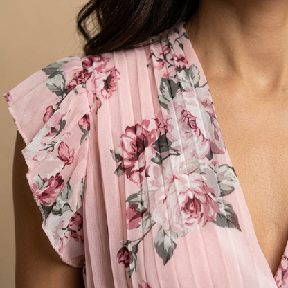 Vestido Midi Mujer Plisado Floral Cruzado Volantes Hombro