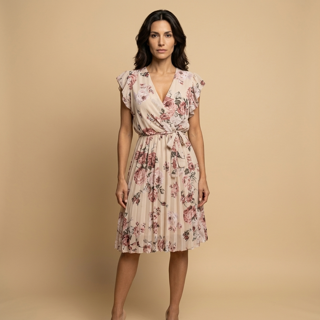 Vestido Midi Mujer Plisado Floral Cruzado Volantes Hombro