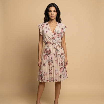 Vestido Midi Mujer Plisado Floral Cruzado Volantes Hombro